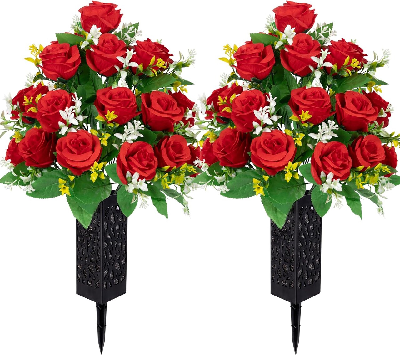 Artificial Cemetery & Memorial Flowers with Vase – Red Silk Rose Gravesite Bouquet, Outdoor Headstone Decoration, Long-Lasting Memorial Arrangement with Black Spiked Vase (2 Sets)